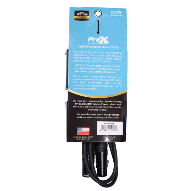 Retail packaging of the ProX XC-DMX05 5 ft 3-pin DMX male to female cable for professional lighting control and DMX networking applications.