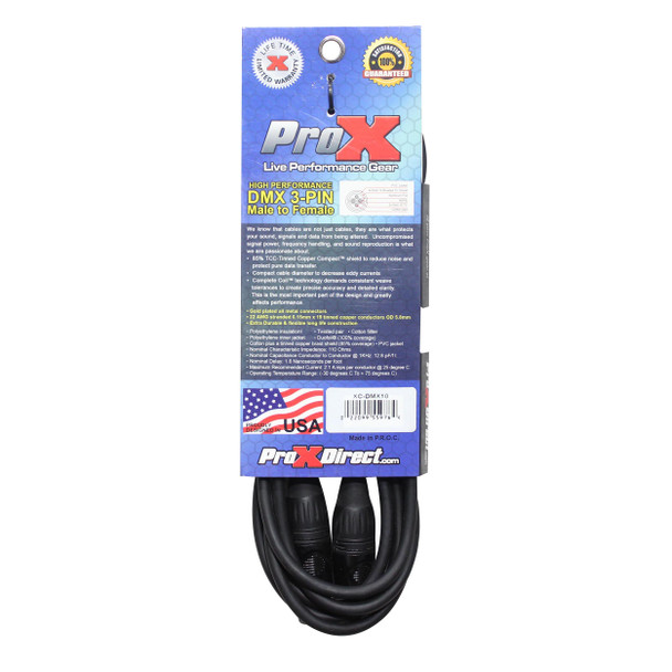 ProX XC-DMX05 packaged 5 ft DMX male to female cable with durable connectors for lighting controllers, fixtures, and DMX data transmission.