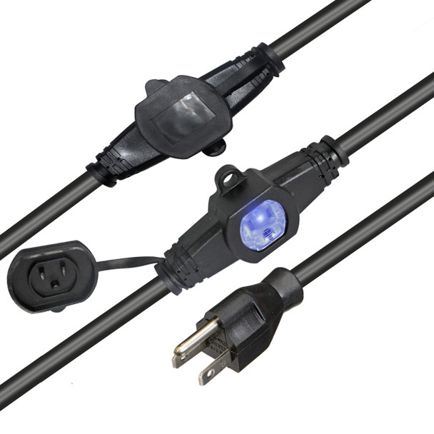Detailed view of ProX outdoor power extension cable featuring locking connectors, protective caps, and heavy-duty power cable construction.