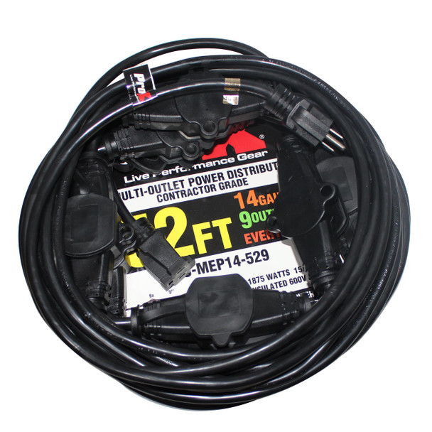ProX XC-MEP14-529 52ft heavy-duty 12/3 AWG power extension cable with nine Edison outlets.