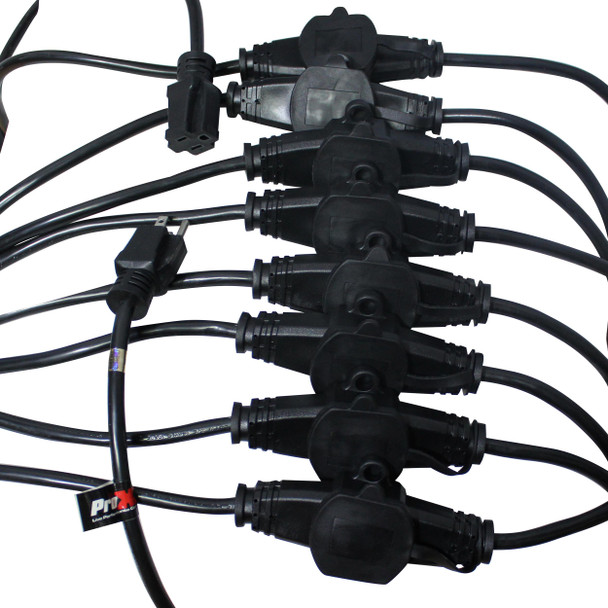 Rear view of the nine-outlet Edison power distribution assembly on the ProX XC-MEP14-529 extension cable.