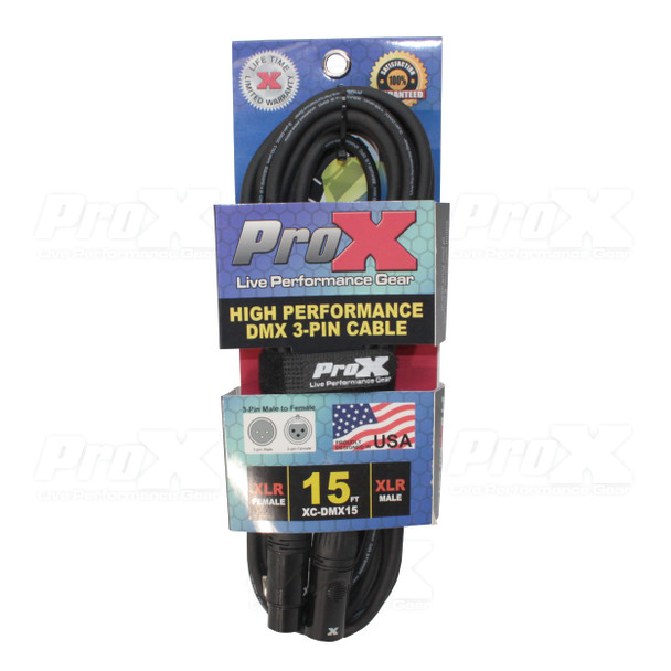 ProX XC-DMX15 packaged DMX male to female cable with durable connectors for lighting networks, mobile DJs, and live event production.