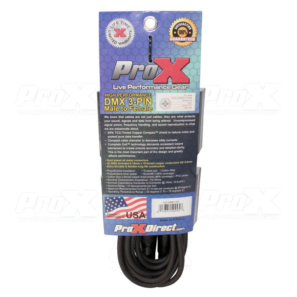 Retail packaging of the ProX XC-DMX15 15 ft 3-pin DMX cable for professional lighting control and stage production systems.