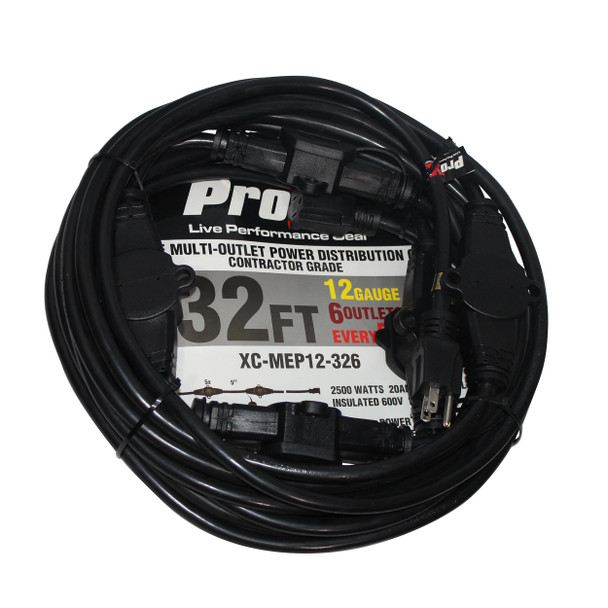 ProX XC-MEP12-326 32ft heavy-duty 12/3 AWG power extension cable with six Edison outlets.