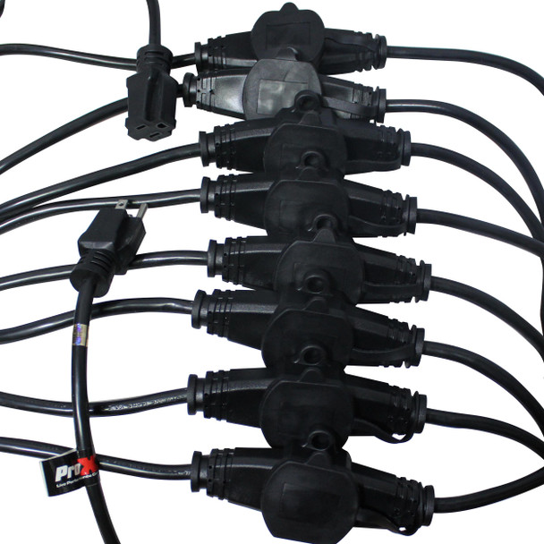 Rear view of the nine-outlet Edison power distribution assembly on the ProX XC-MEP12-529 extension cable.