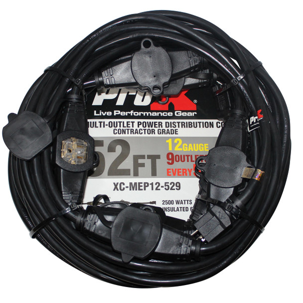 ProX XC-MEP12-529 52ft heavy-duty 12/3 AWG power extension cable with nine Edison outlets.
