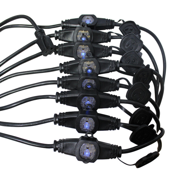 Front view of nine Edison outlets with safety plug inserts on the ProX XC-MEP12-529 power distribution extension cable.