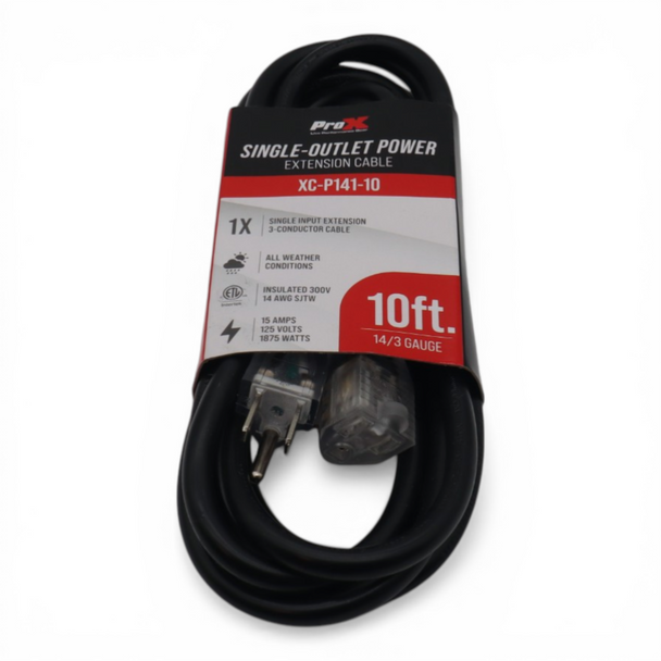 ProX XC-P141-10 10ft three-outlet power extension cord displayed in retail packaging.
