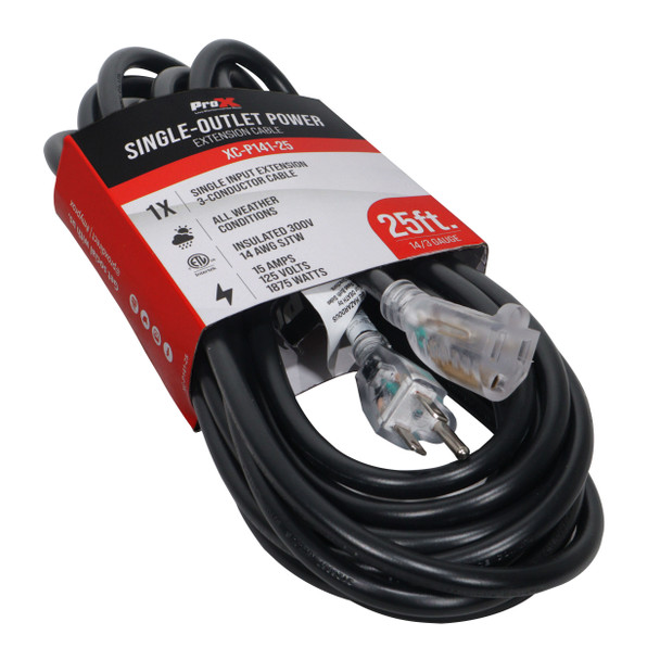 Angled view of ProX XC-IEC14-06 IEC replacement power cable featuring NEMA Edison plug and IEC C13 connector.