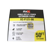 Front view of ProX XC-P121-50 50ft 12 AWG power extension cord retail packaging and product specifications label.