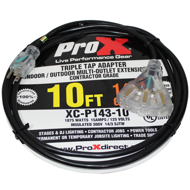 Coiled ProX XC-P143-1 1ft 14 AWG power extension cord with NEMA 5-15P plug and three female outlet connectors for power distribution applications.
