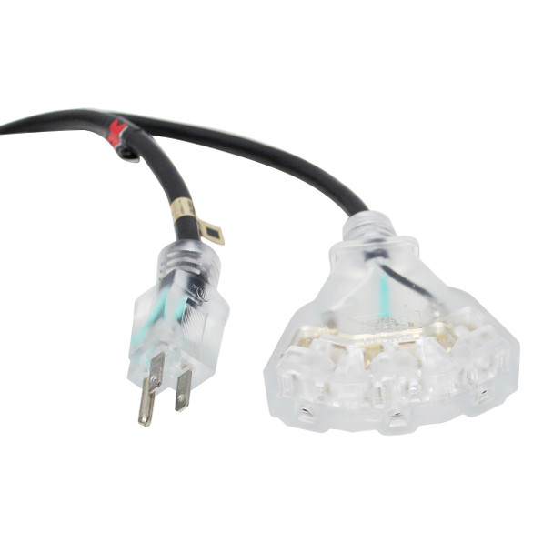 ProX XC-P143-50 50ft 14AWG extension power cord with NEMA 5-15P male plug and three Edison female outlets for professional audio, lighting, stage, and event power distribution.