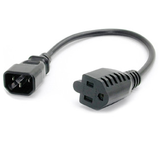 ProX 1ft power adapter cord featuring an Edison female connector and IEC C14 male plug, designed to convert IEC power cables into standard Edison power extensions for professional audio, video, and lighting equipment.