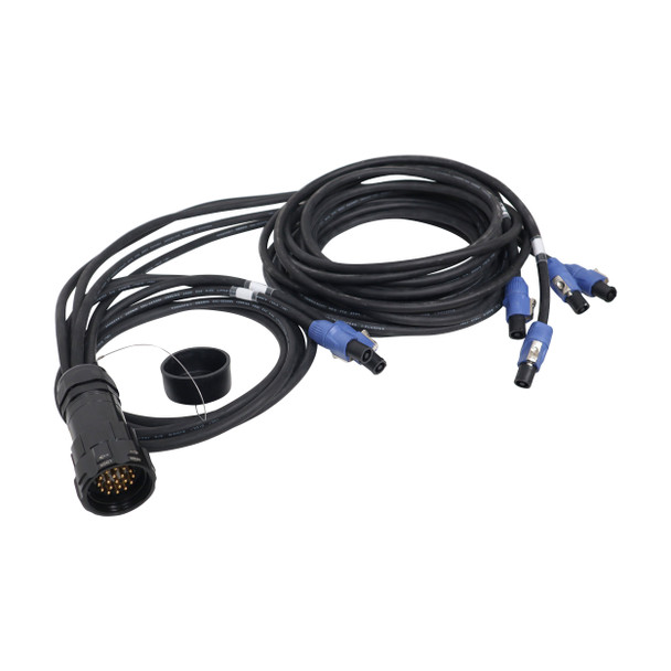 Stage lighting breakout extension cable with six Rean Blue powerCON Female connectors and 19-pin input