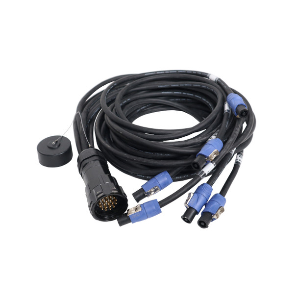 Professional touring power distribution cable with 19-pin connector and Blue powerCON Female connectors