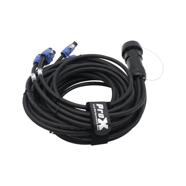 Coiled ProX SJOOW 12 AWG 19-pin breakout cable with six Blue powerCON Female outputs