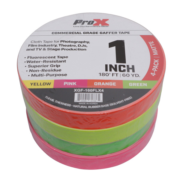 ProX 4-Pack 1 Inch 180 Ft. 60YD Multiple-Color Fluorescent Commercial Grade Gaffer Tape Pros Choice Non-Residue