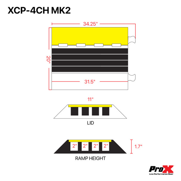 ProX 4-Channel Rubber Cable Protector Ramp Speed Bump Cover Indoor Outdoor " Supports up to 60 Tons