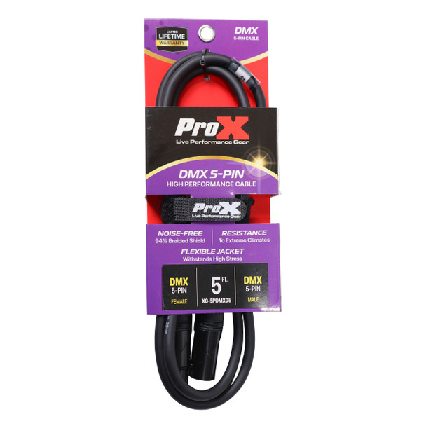 ProX XC-5PDMX03 professional 3ft 5-pin DMX512 cable retail packaging