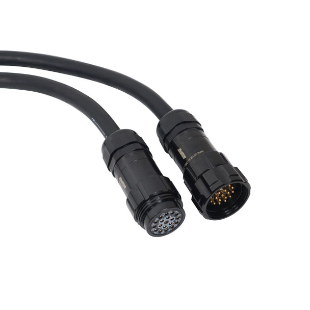 Male and female 19-pin connectors on touring-grade power distribution extension cable