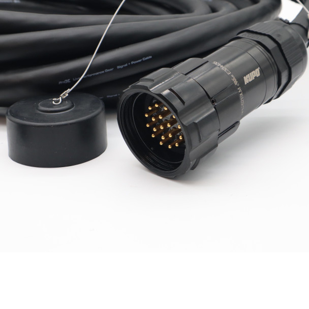 Close-up of 19-pin stage power connectors with gold-plated contacts and rugged strain relief