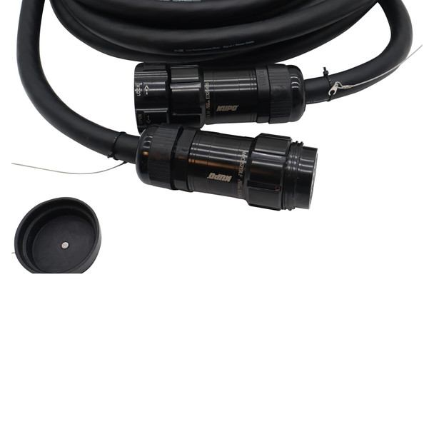 Close-up of 19-pin multi-pin connector and Edison female outlet connectors on professional power distribution cable