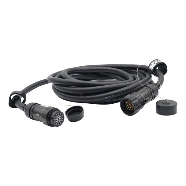 Coiled 19-pin to multi-outlet Edison breakout cable for touring productions, LED video walls, and stage power distribution