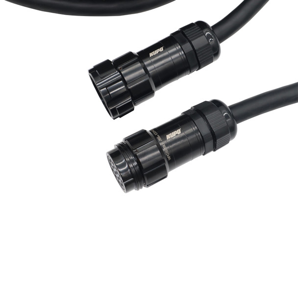 Close-up of ProX 19-pin male and female Kupo connectors for professional stage lighting power distribution systems