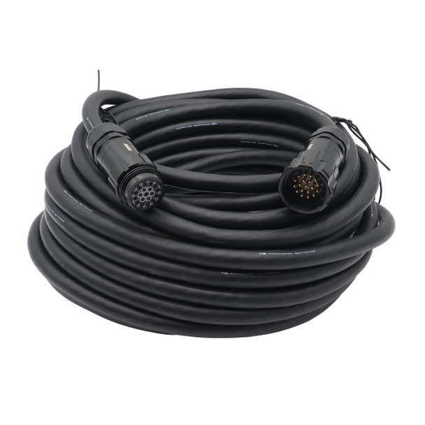 Coiled 100ft 19-pin male to female extension cable designed for LED video panels, stage lighting, and touring power distribution