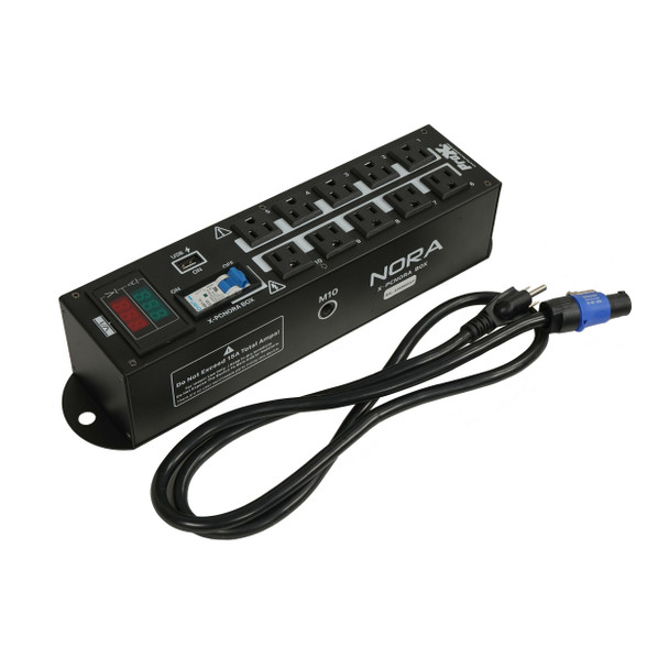 Angled view of ProX NORA powerCON to Edison distribution box for stage lighting and touring power applications