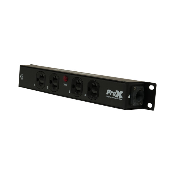 Front panel view of 4-outlet Edison power distribution box with numbered outlets for organized power management