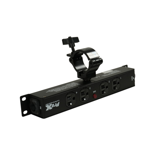 Overhead view of rack-mountable power distribution box designed for professional AV and lighting applications