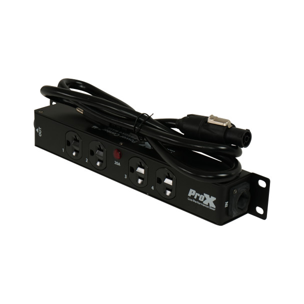 Angled front view of ProX Power Center 4-outlet power distribution box for stage lighting and AV systems