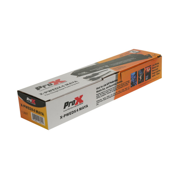 Retail box packaging for ProX X-PWEDX4MAYA 4-outlet powerCON TRUE1 power distribution system