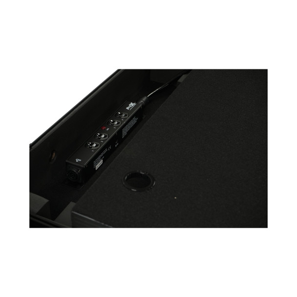 Bottom view of ProX X-PWEDX4MAYA Power Center showing mounting points, durable steel construction, and integrated installation hardware