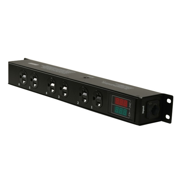 Front view of ProX X-PWEDLEDX6TARA showing six NEMA 5-20R outlets and real-time LED voltage display