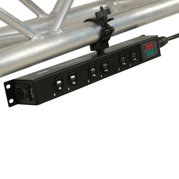Side view of truss-mounted ProX X-PWEDLEDX6TARA power distribution center for stage lighting systems