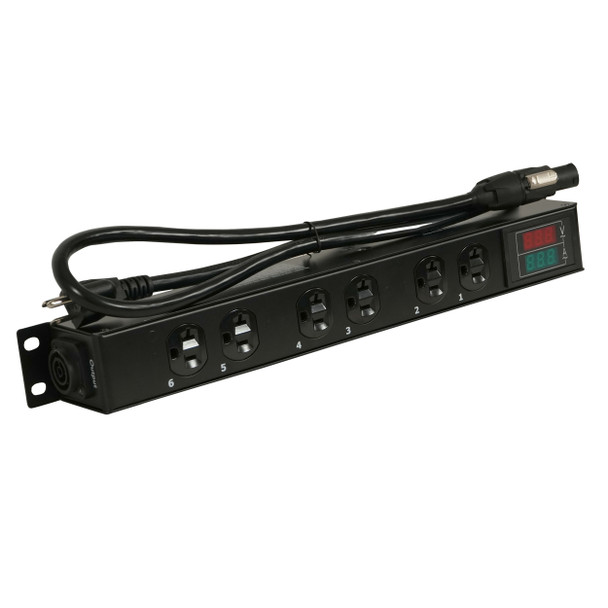 Side perspective of professional stage power distribution unit with numbered Edison outlets and power monitoring