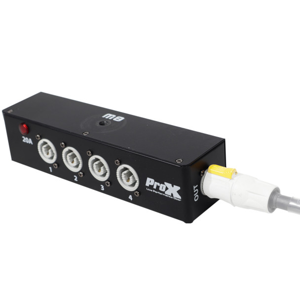 Front angled view of 5-way power distribution box with LED power indicator and rugged metal housing