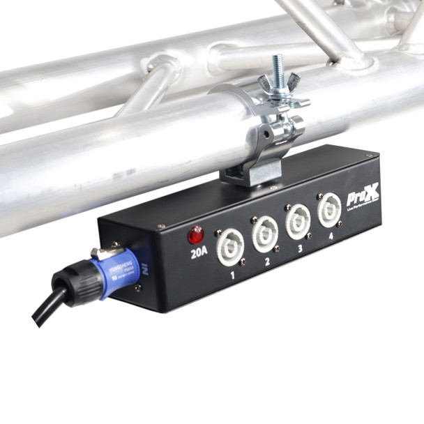 Compact truss-mounted power distribution center with five power-compatible outputs and LED status indicator