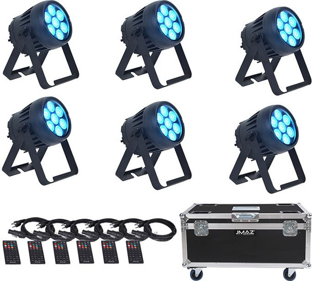 Jmaz Lighting JP2012 Electro PAR W7 6PK RGB+LIME Battery-Powered Outdoor LED PAR Light Kit w/ Charging Road Case