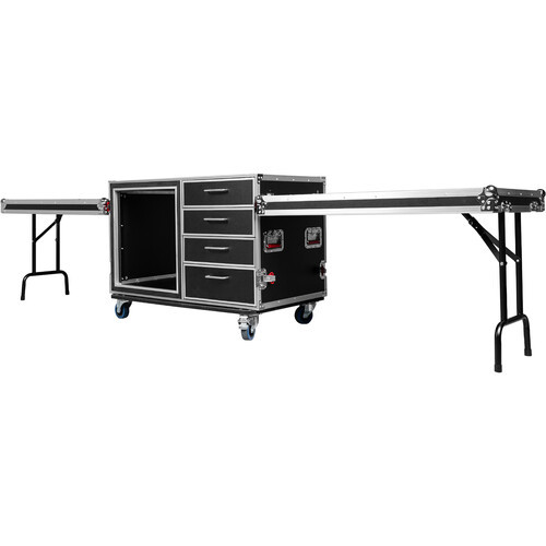 Gator GTOUR Workstation Flight Case with 12 RU Rack, Four Drawers, and Two Tables