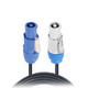 Close-up of ProX XC-PWC14-10 locking power cable connectors featuring grey and blue twist lock connectors for safe and reliable power distribution.
