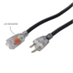 Close-up of NEMA 5-15P male plug and 3-outlet female extension connector on ProX XC-P121-10 10ft 12 AWG power extension cord.