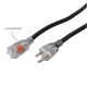 Detailed view of ProX XC-P121-25 power extension cable connectors featuring grounded NEMA male plug and triple female outlet design.