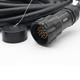Close-up of 19-pin stage power connectors with gold-plated contacts and rugged strain relief