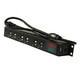 Angled view of ProX TARA 6-outlet power distribution box with powerCON TRUE1 pass-through connectivity