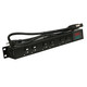 Side perspective of professional stage power distribution unit with numbered Edison outlets and power monitoring