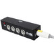 Front angled view of 5-way power distribution box with LED power indicator and rugged metal housing