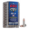 CCI Uppercut .22 Long Rifle ammunition box with 100 rimfire cartridges, 32-grain jacketed hollow point bullets.